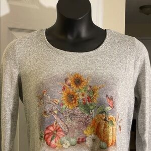 Soft Gray Sunflowers Graphic Warm LS Top